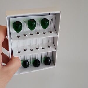 6 Vintage Glass Olive Appetizer Picks, Bar Ware, 4" Green Olive Drink Sticks